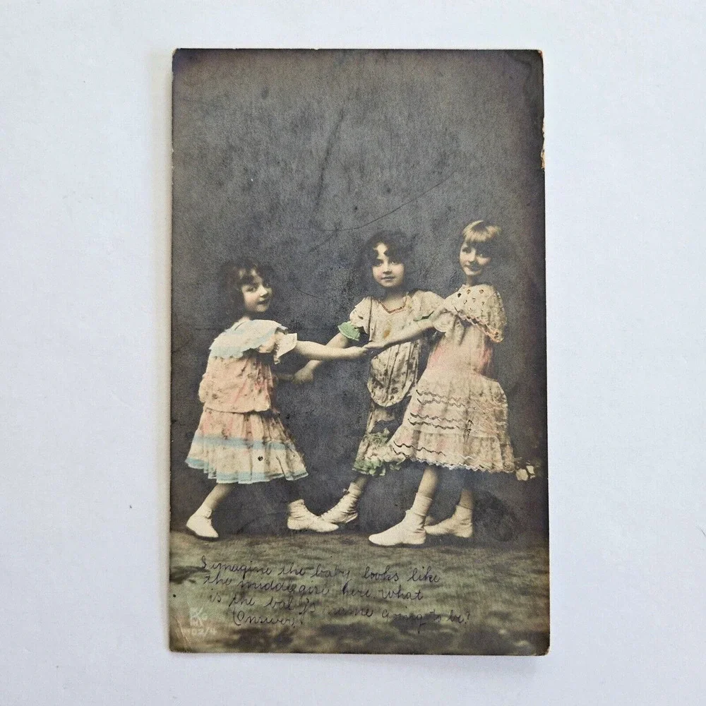 Antique Postcard Victorian Girls Dancing Cute Cottagecore Germany New York 1908